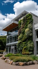 Sleek glass structure reflects lush trees and vibrant sky, showcasing a unique integration of nature and modern design in an urban environment.