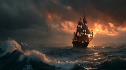 Fototapeta premium Majestic sailing ship navigating stormy ocean waves at sunset, dramatic sky, adventure, travel, nautical scene
