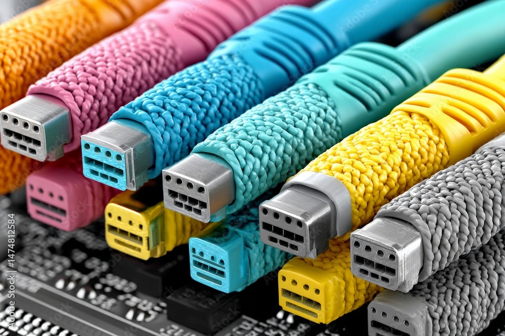 Poster colorful cables connected to a circuit board in a technology workspace showcasing modern digital con