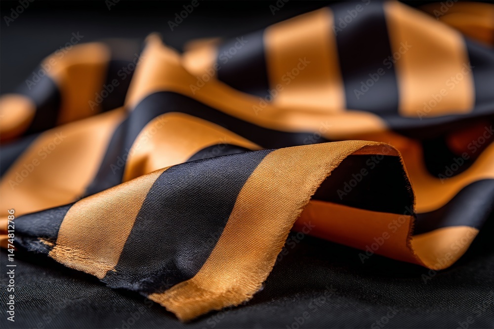 Poster detailed view of silk fabric with bold black and orange stripes, highlighting texture and color cont