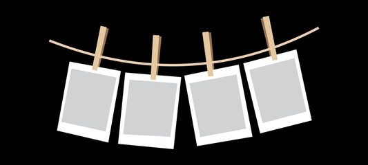Four Polaroid-style photos clipped to a twine string with wooden clothespins.