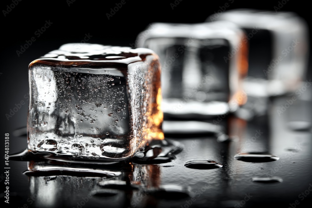 Leinwandbilder ice cubes melting on a reflective surface in a dimly lit setting during the evening