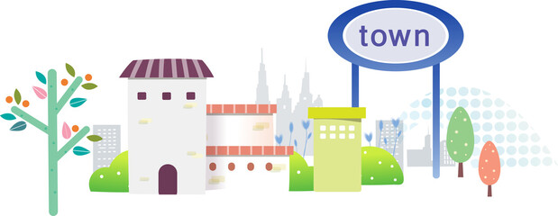 Stylized Town Street Scene with Sign