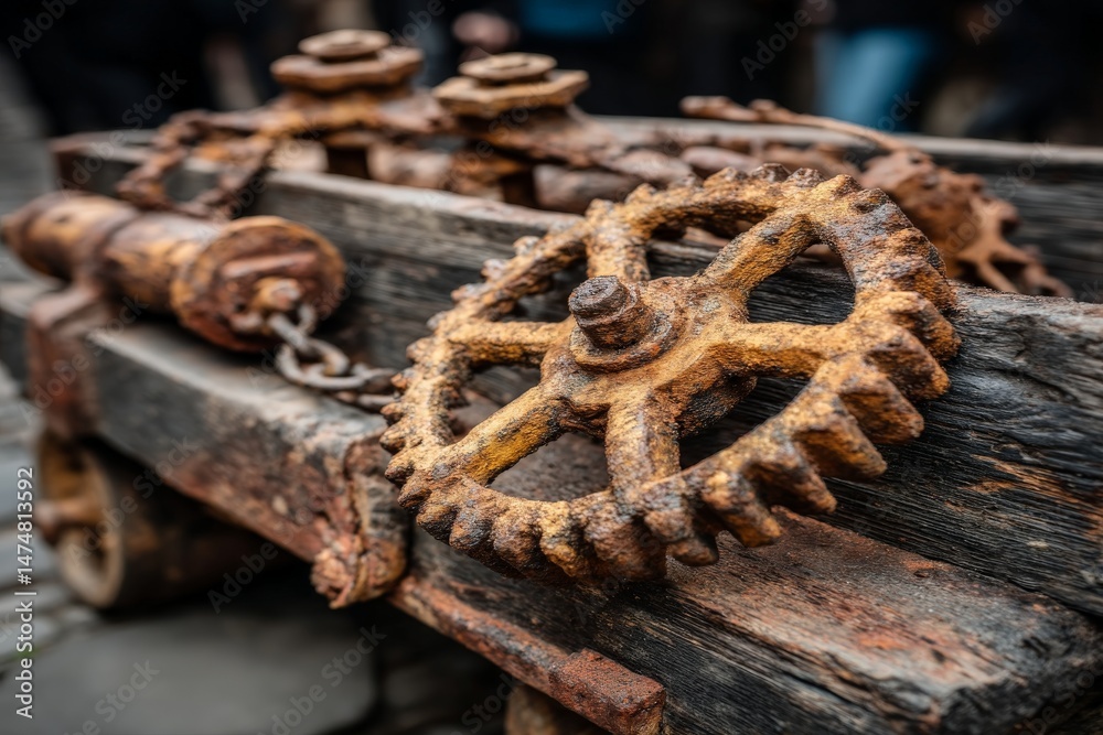 Poster rusty gears and mechanical apparatus on a vintage cart in an industrial setting