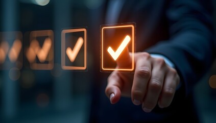 Businessperson Using Interactive Verification Checklist on Digital Screen