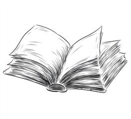 Open book sketch, pages fanned out.  Detailed line drawing of an open book with numerous pages, creating a voluminous and textured appearance