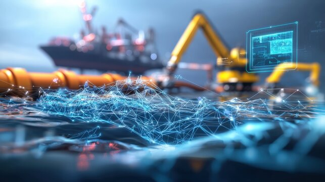 Underwater robotics and maritime technology innovation offshore oil rig digital imagery industrial setting aerial perspective modern concepts