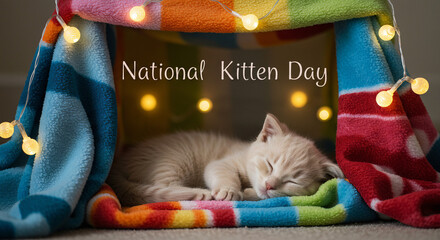 Cute Orange Kitten Sleeping in Cozy Tent for National Kitten Day &ndash; Adorable Pet Celebration Scene