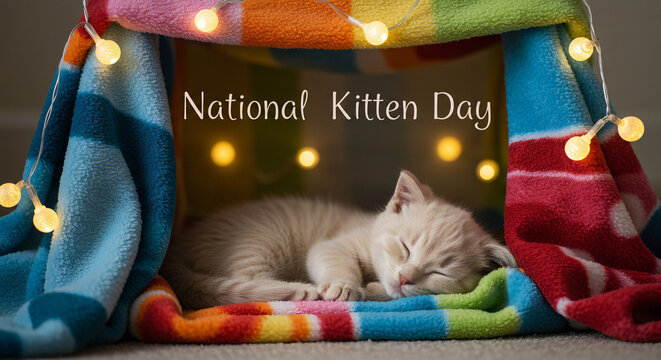 Cute Orange Kitten Sleeping in Cozy Tent for National Kitten Day – Adorable Pet Celebration Scene