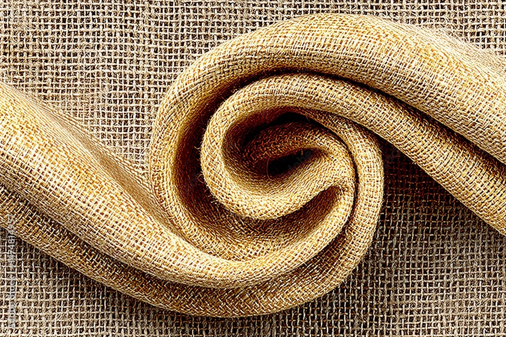 Aufkleber Texture of natural burlap fabric twisted into a spiral on a woven surface in bright light
