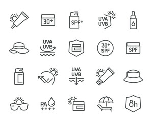 Vector icons on the theme of sun protection in linear style for editing. Includes images of sunscreen, hats, sunglasses, and UV protection, ready for use
