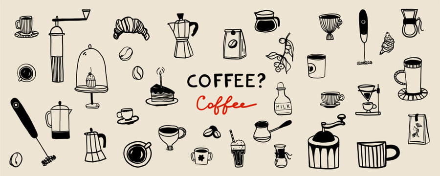Coffee cup cafe icon doodle hand drawn illustration branding vector illustration set. Drink promotion beverage banner flyer menu collection in simple sketchy whimsical retro style