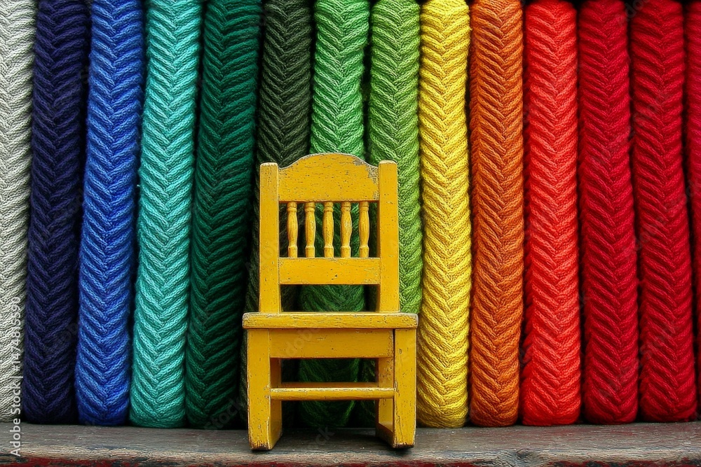 Poster colorful display of ropes with a single yellow chair in front, evoking a sense of whimsy and focus o