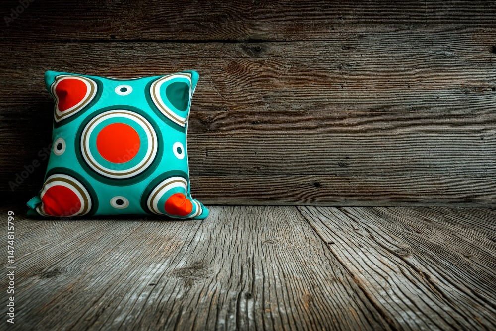 Aufkleber Decorative pillow with colorful patterns placed on rustic wooden floor in cozy interior setting