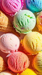 ice cream summer background with colorful scoops and cones