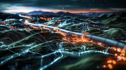 Innovative transportation infrastructure development mountain region digital visualization nighttime aerial perspective future concepts