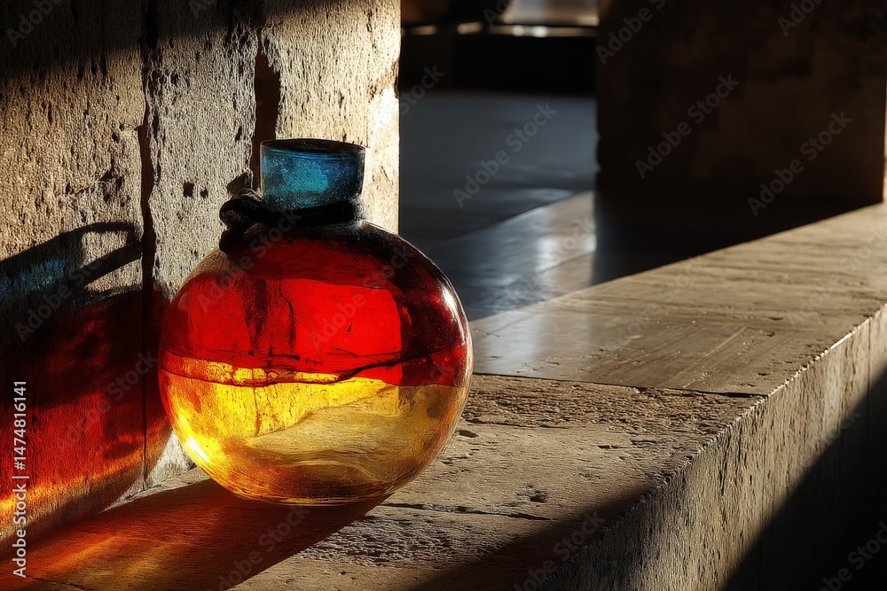 Poster colorful glass bottle displayed on a stone surface in warm evening light in an artistic setting