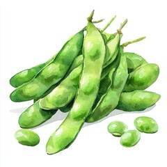 Fresh, vibrant green soy pods and beans.  A cluster of pods, some open, displaying smooth, glossy surfaces. Scattered beans are visible