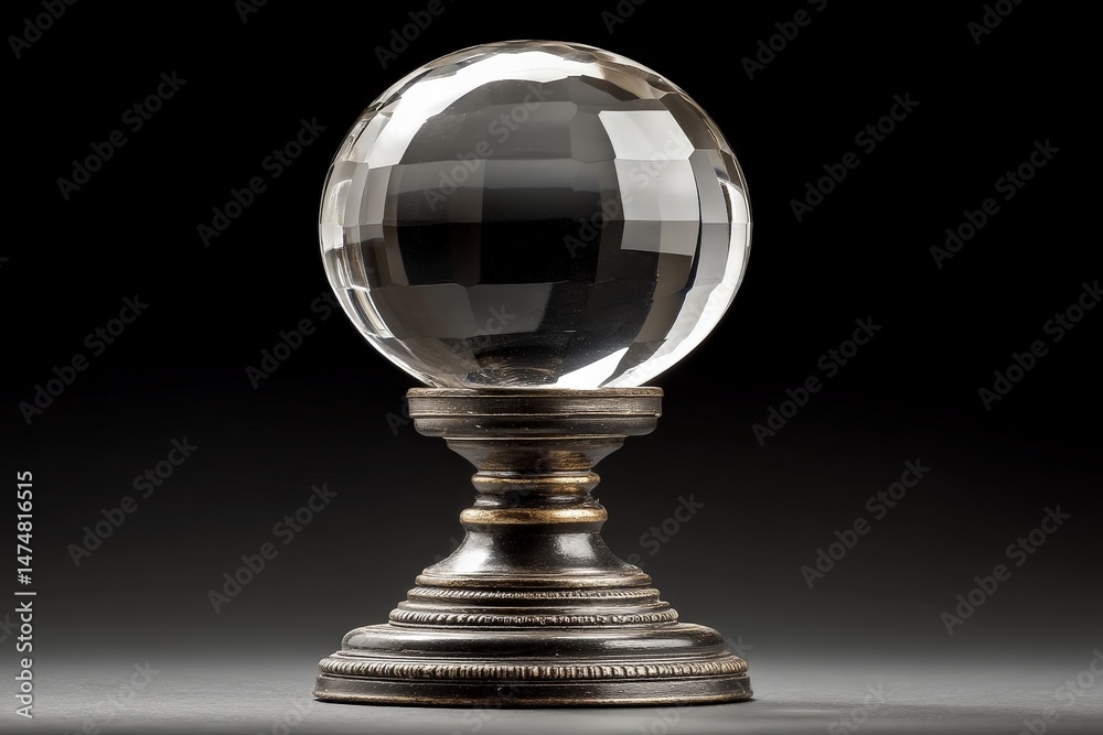Poster crystal ball on an ornate stand illuminated against a dark background highlighting its unique facets