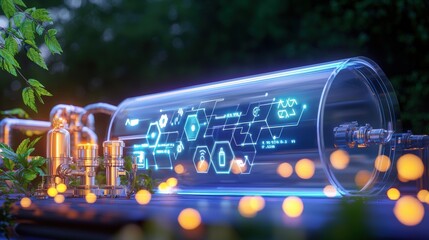 Innovative technology showcase futuristic laboratory digital display nature integration close-up view renewable energy concepts