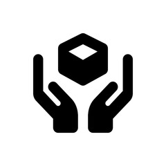 Black silhouette of two hands holding a cube with a white diamond shape on top in a white background