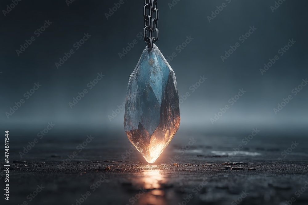 Poster mystical crystal pendant radiating light in a dark, atmospheric setting with a focus on reflections 