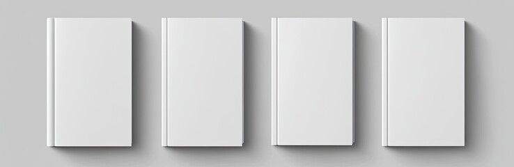 Four blank, white book covers arranged in a row