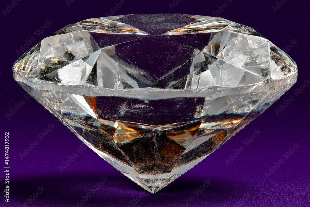 Poster brilliant clear diamond cut displayed against a vibrant purple background showcasing sparkling facet