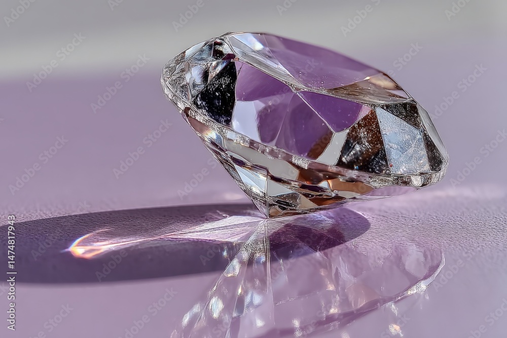 Poster glittering clear diamond shaped crystal casting reflections on a smooth surface in natural light