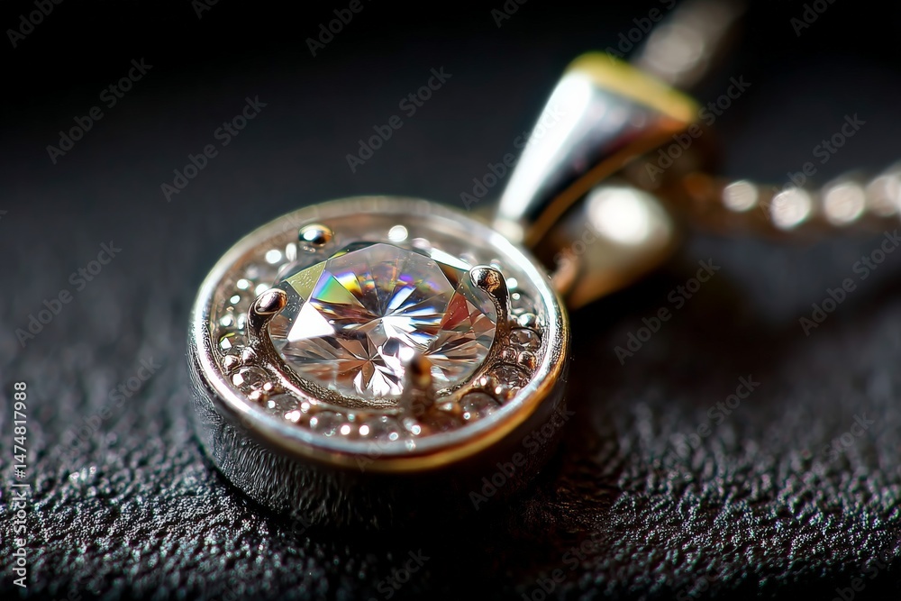 Poster sparkling diamond pendant close-up highlights intricate design and fine craftsmanship during natural