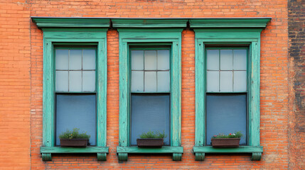 Fototapeta premium Traditional brick building with green trim in Pacific, Missouri.