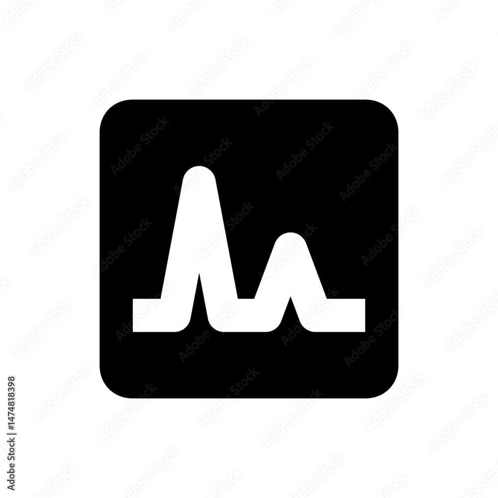 Poster white waveform graph with two peaks on a black rounded square background with a flat baseline design