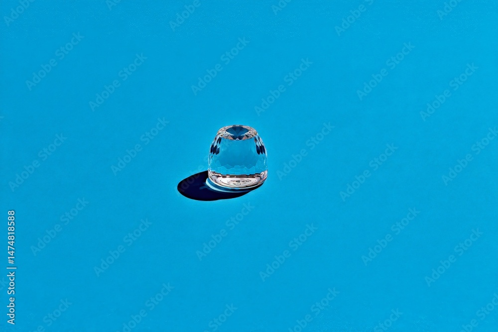 Fototapete Clear glass object on bright blue background with soft shadows showcasing minimalistic design concepts