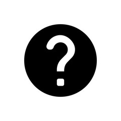 A white question mark inside a black circle symbol representing uncertainty and inquiry on a white background