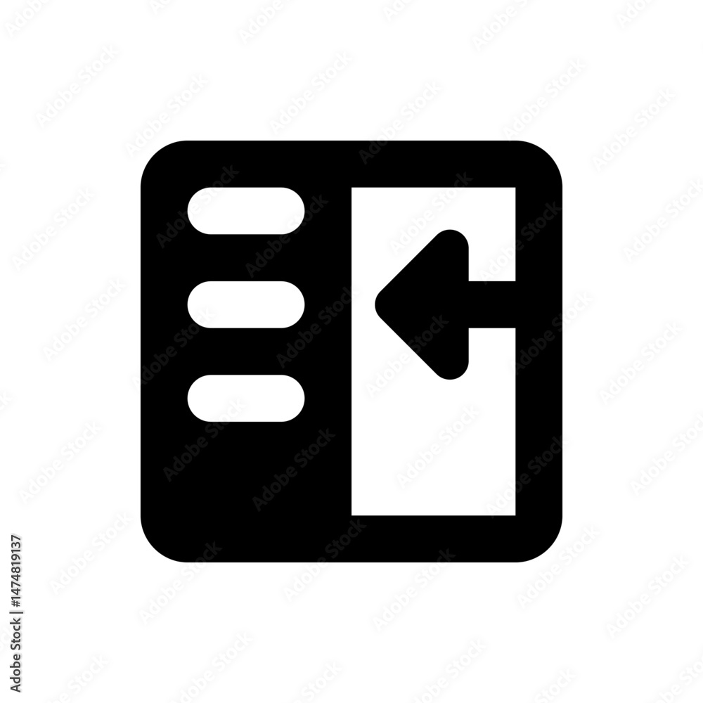 Poster black icon showing a square with rounded corners and an arrow pointing left with three lines on the 