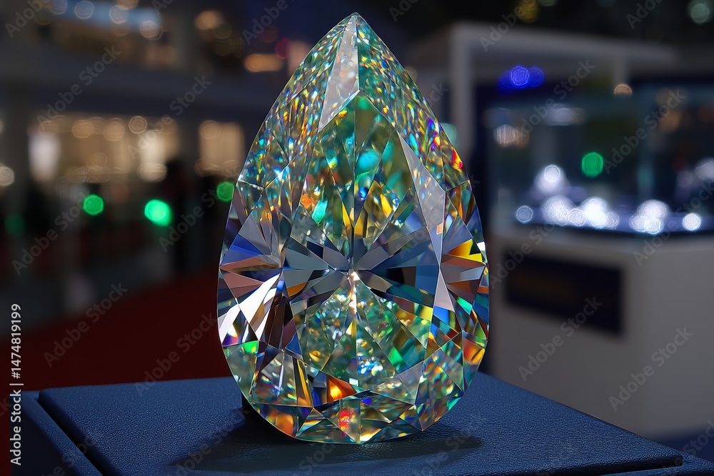 Poster sparkling teardrop-shaped crystal displayed at an exhibition in a vibrant urban setting during eveni