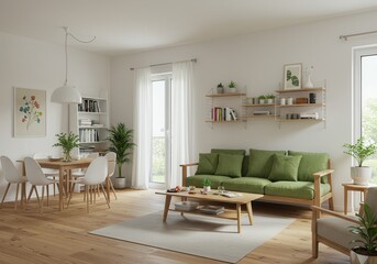Bright living room with dining area featuring a green sofa and wooden furniture in a modern setting