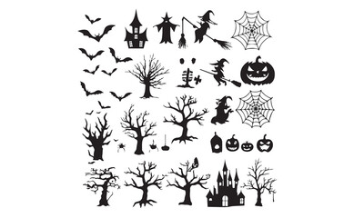 Halloween vector silhouettes spooky ghost pumpkin bat spider witch haunted house collection for graphic 