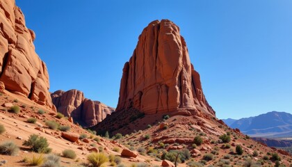 Fototapeta premium a rugged rock formation, sculpted by the desert's relentless embrace, stood tall and proud, its surface a testament to nature's power, framed against a vast, cerulean sky.
