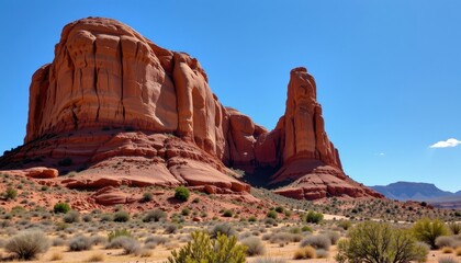 Fototapeta premium a rugged rock formation, sculpted by the desert's relentless embrace, stood tall and proud, its surface a testament to nature's power, framed against a vast, cerulean sky.