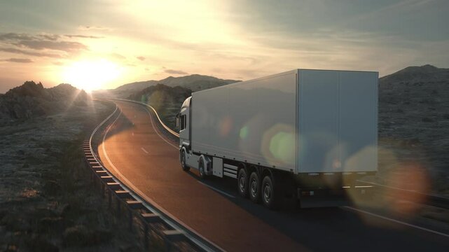 A long distance semi truck with cargo trailer drives on a desert road into the sunset. Drone POV following the truck. 3d animation rendering.