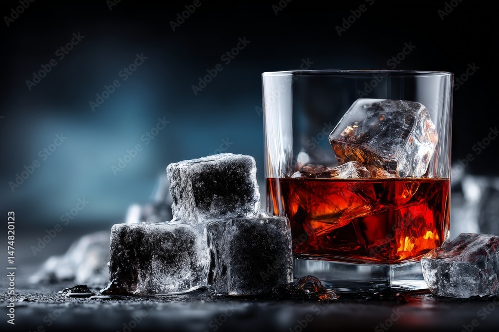 Aufkleber enjoying a glass of whiskey with ice at a cozy bar in the evening