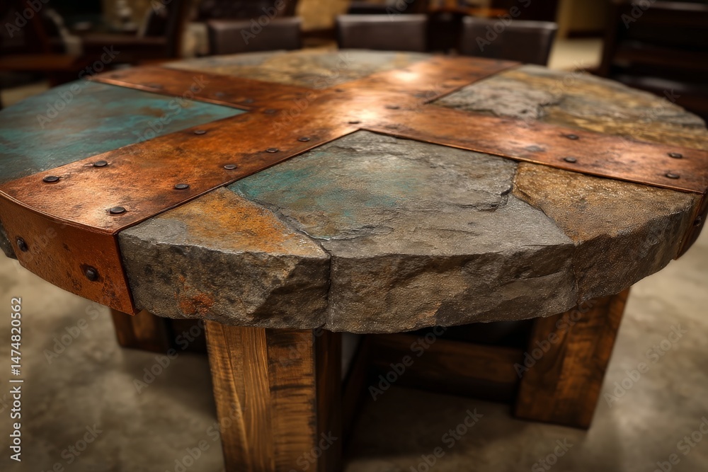 Aufkleber Rustic stone and metal table design showcases craftsmanship in a cozy workshop setting