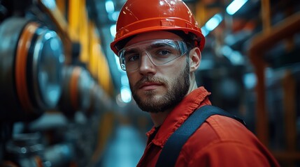 Portrait of a worker in industrial setting wearing protective gear and safety helmet
