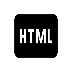 Illustration of a black rounded rectangle with the white letters html displayed in the center of the shape