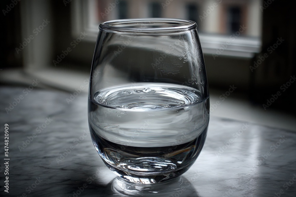 Poster clear glass of water sits on a marble surface beside a window with soft natural light illuminating i