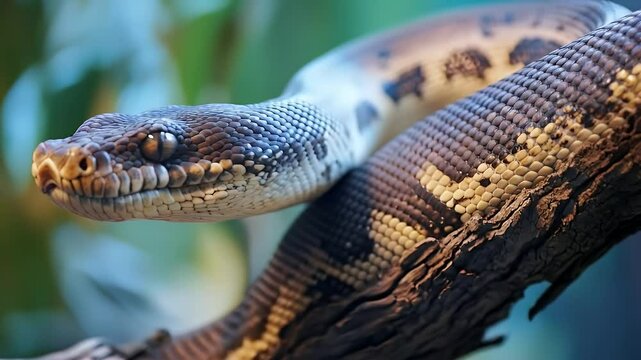 Detailed Close Up of Brown and Tan Snake Coiled on Branch Against a Blurred Green and Blue Background