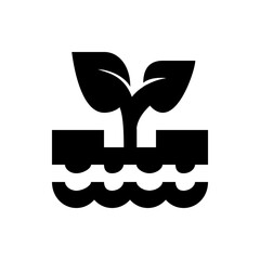 Illustration of two sprouting leaves emerging from the ground above a wavy water surface in black and white