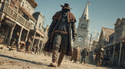 A lone gunslinger walks through a dusty Wild West town, showcasing authentic western architecture and period attire.