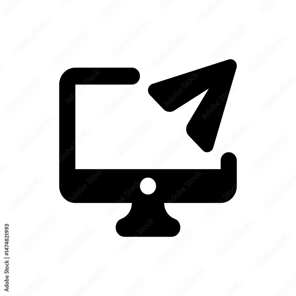 Poster computer screen with an arrow pointing upwards and to the right indicating an upload process icon ve